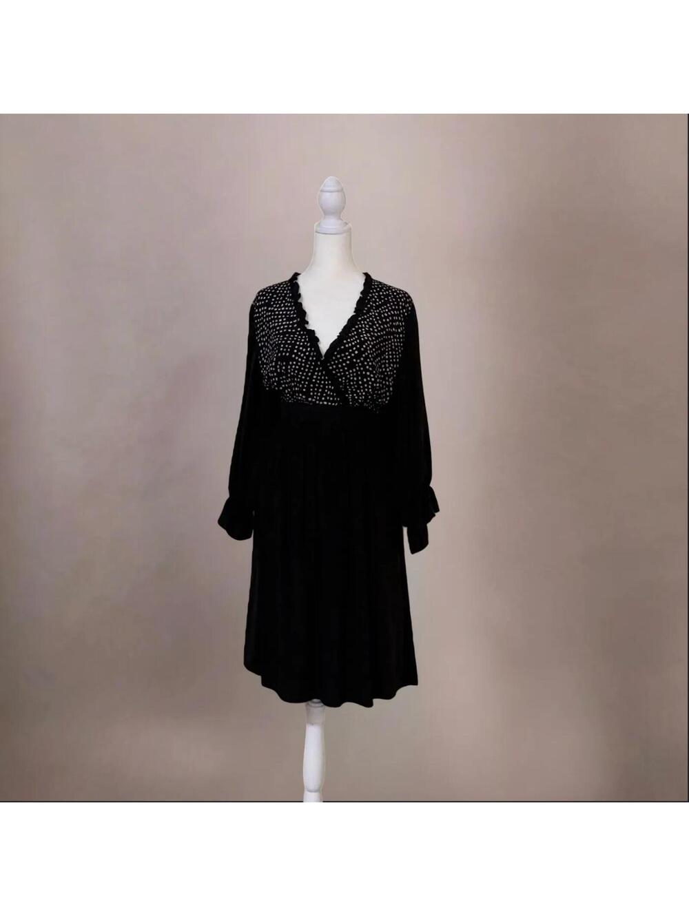 BCBG Black Ruffle Sleeve Midi Dress Polka Dot Geometric Print V-Neck - Picture 3 of 5